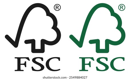 Marca de certificação do logótipo do Conselho de Gestão Florestal (FSC), promovendo uma gestão florestal responsável do ponto de vista ambiental, socialmente benéfica e economicamente viável no mundo