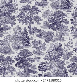 The Forest stories. Seamless pattern. Vector vintage illustration. Blue and white