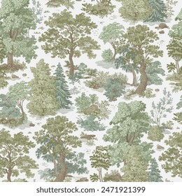 The Forest stories. Seamless pattern. Vector vintage illustration. Green and emerald