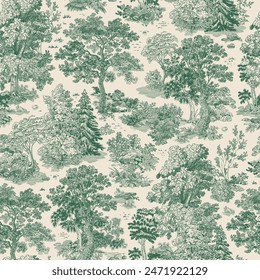 The Forest stories. Seamless pattern. Vector vintage illustration. Emerald and white