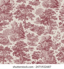 The Forest stories. Seamless pattern. Vector vintage illustration. Red and white