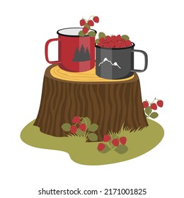 Forest strawberries in hiking mugs on a tree stump. Vector clipart.