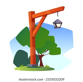 Forest street lamp. Wooden cute lantern in village of fairies and gnomes or in dwarf valley. Isometric consecration for game UI design. Cartoon flat vector illustration isolated on white background