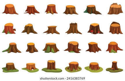 Forest stump icons set cartoon vector. Tree cutting. Stub snag deforestation
