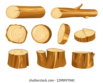 Forest stump and log wood and wooden natural materials vector building and heating oak or fir tree parts beam or timber baulk round section construction and furniture making isolated objects.