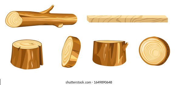 Forest stump and log, wood and wooden natural materials vector. Building and heating, oak or fir tree parts, beam or timber, baulk round section. Construction and furniture making isolated objects