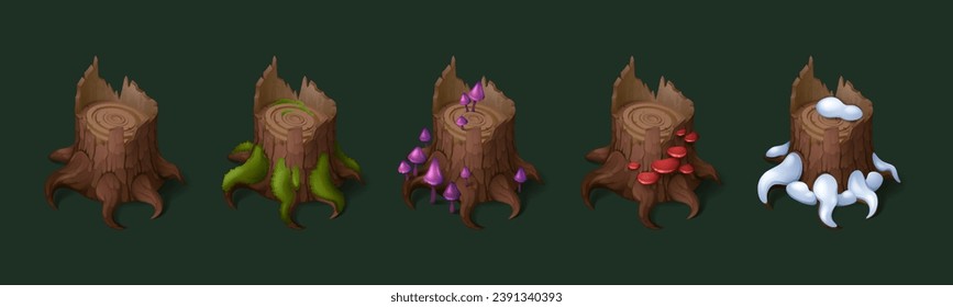 Forest stumps set isolated on background. Vector cartoon illustration of part of cut old tree covered with neon color poisonous mushrooms, green moss, white snow, woodland game ui design elements