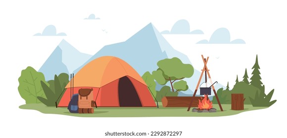 Forest summer camp with campfire, tent and backpack on mountain background. Camping in forest. Adventure hiking tourism. Campsite panorama. Cartoon flat style isolated vector concept svg