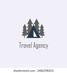 forest summer camping emblem logo design with pine and tent vector illustration