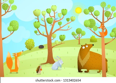 Forest Summer landscape with animals. Kids cartoon with sunny summer trees and animals.