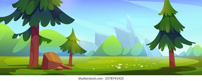 Forest summer landscape, with fir trees against the background of mountains, stones and a flowering meadow. Summer forest. Vector cartoon