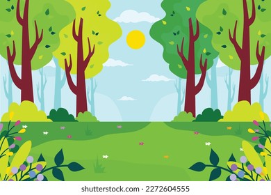 Forest in summer with sun shining through the trees. Flat design nature background.