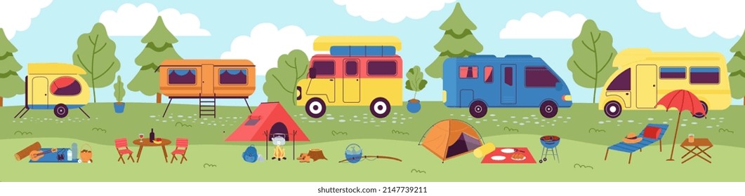 Forest summer vacation. Camping adventures landscape with campers and hiking elements. Spring travellers rest, picnic relaxation decent vector background svg