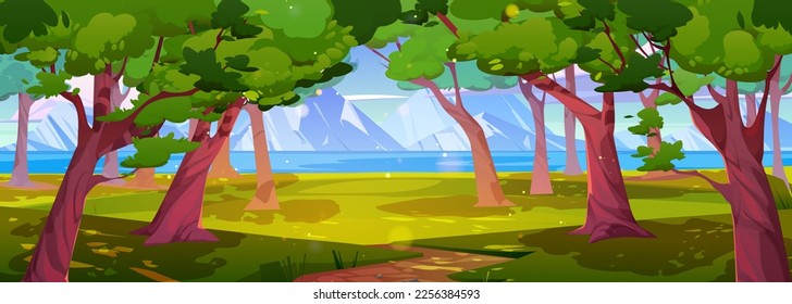 Forest summer valley scene with lake, mountain. Nature panorama, spring landscape with river, meadows with green grass, hills and rocks on horizon, vector cartoon illustration