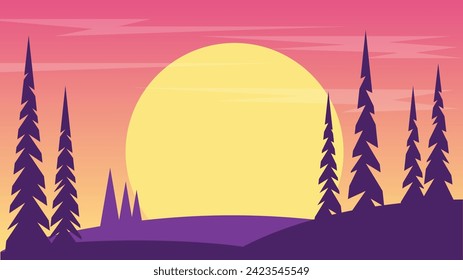 Forest at Sunset with Fir Trees Flat Landscape. Nature and seasons concept vector