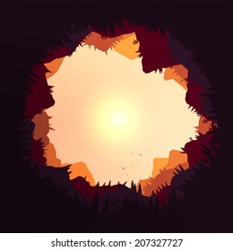 Forest Sunset Mountains Tunnel View - Vector Illustration