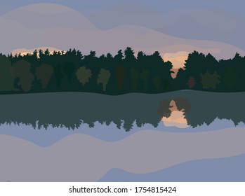 forest at sunset and reflection in the lake