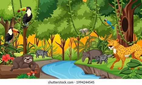 Forest at sunset time scene with different wild animals illustration