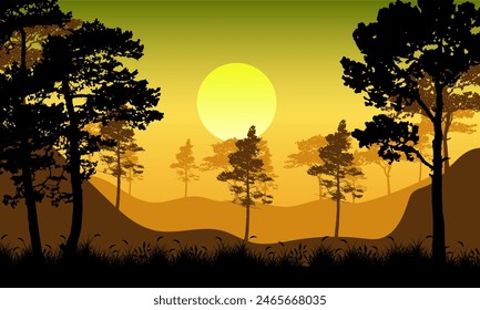 Forest sunset with tree silhouette nature background