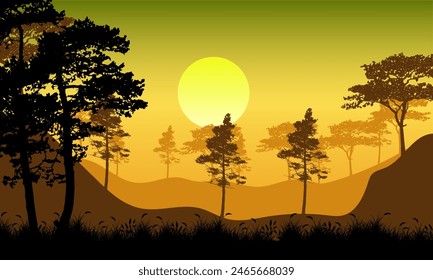 Forest sunset with tree silhouette nature background