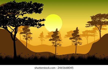 Forest sunset with tree silhouette nature background