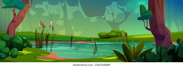 Waldsumpfe, Cartoon-Spielplatz-Hintergrund. Fantasy Fluss mit Holzszene Illustration. Marschpflanze auf einem Panoramablick auf das Wasser. Wild märchenhaftes Feuchtgebiet 2d Konzept Design. Leaf- und Zweiglandschaft