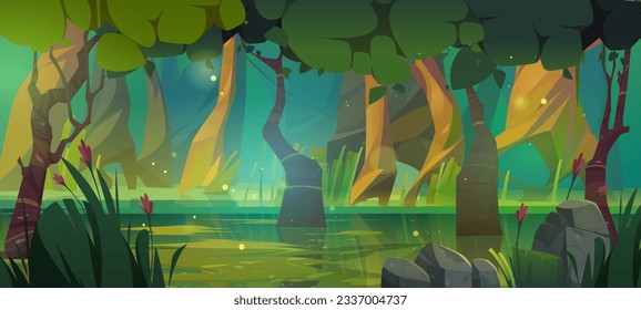 Forest swamp cartoon vector game landscape scene. Fantasy lake with waste water and marsh scenery. Dirty toxic environment in park 2d wild location wallpaper. Summer adventure fairytale world