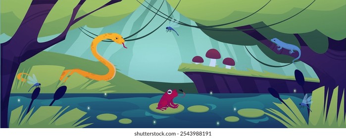 Forest swamp flora and fauna wildlife landscape. Summer scenery with a pond with mushrooms, reeds, trees. Rainforest river marsh cartoon game background with snake, frog, lizard, dragonfly