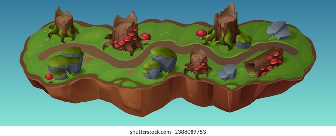 Forest and swamp game map with road among tree stumps and logs with moss and fantasy glowing mushrooms. Cartoon level interface with walkway through brown wood trunks with fungus and sprout on bark.