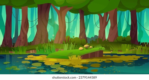 Forest swamp landscape background for fantasy game. Summer jungle scene with lake water and beautiful nature park environment scenery. Deciduous wild wetland area and tree silhouette panoramic design