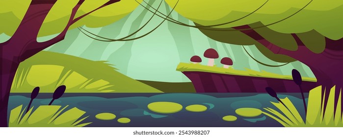 Forest swamp landscape. Summer scenery with a pond with mushrooms, reeds, trees. Forest river marsh cartoon game background. Fantasy rainforest lake jungle