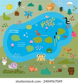  forest swamp map with animals simple cartoon flat vector illustration