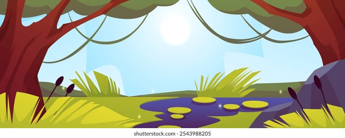 Forest swamp sunset landscape. Summer scenery with a pond, reeds, trees, sky with clouds. Forest river marsh cartoon game background. Fantasy rainforest lake jungle