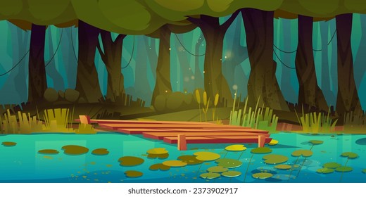 Forest swamp with wooden pier - cartoon vector illustration of summer fantasy spooky landscape with trees, water lilies and bog in pond, and wharf. Jungle lake game scene with green grass and plants.