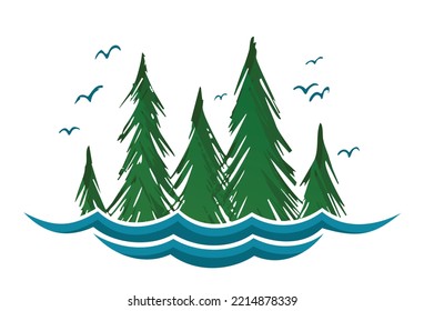 The forest symbol with lake and birds.
