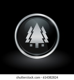 Forest symbol with trees icon inside round chrome silver and black button emblem on black background. Vector illustration.