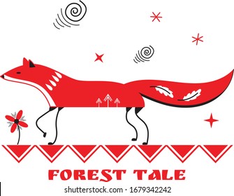 Forest tale. The fox is running through the forest. Folk art style.