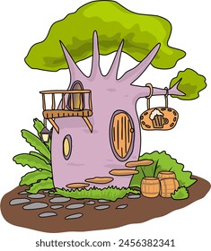 A forest tavern inside a tree trunk. Fantasy cartoon style elven establishment in the forest. Vector illustration of a growing live baobab tree with a tavern inside. Balcony on a tree a door and a