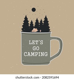 Forest and tent on a camping mug, inscription. The concept of outdoor recreation. For printing on T-shirts, posters and other purposes.