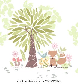 forest theme card with fox and bird