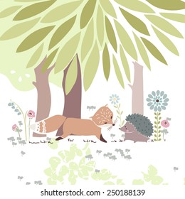 forest theme card with fox and hedgehog