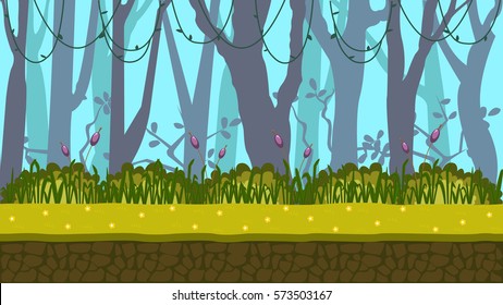 forest theme game background with silhouettes of beautiful rain-forest grass and game platform with seamless graphics perfect for any platform games