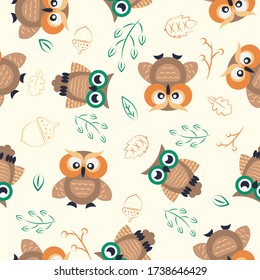 Forest theme seamless pattern with owls. Hand drawn illustration great for wallpaper, textile and texture design. Kids design, fabric, wrapping, apparel.