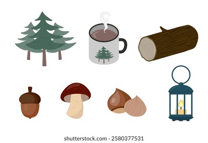 Forest themed camping object colletion of tree trunk mushroom chestnut acorn hot chocolate camping lamp