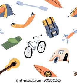 The forest tourism, camping, vacation, outdoor sports seamless pattern. A bike, a tent, a mobile camp, a hammock, a backpack with a sleeping bag, sup or kayak with paddle. Vector isolated illustration