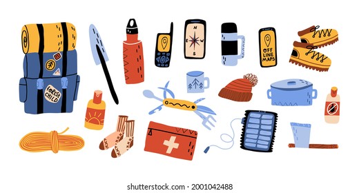 Forest tourism, outdoor vacation, camping, trekking must have set. Backpack with sleeping bag, sunscreen, shovel, all-in-one knife, sun battery charger, thermos, navigation gadget, offline maps app.