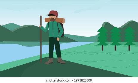 Forest Travelling young man. Vector Illustration