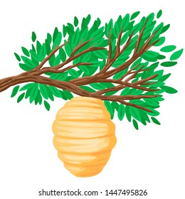 Forest tree with a beehive, the house of bees. Vector isolated object on white background. Cartoon flat style illustration