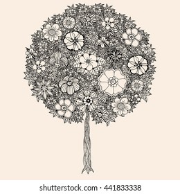 Forest tree. Detailed illustration. Vector artwork. Black, beige color