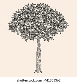 Forest tree. Detailed illustration. Vector artwork. Black, beige color